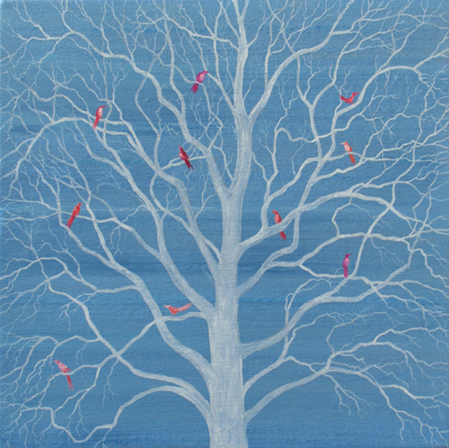 pink and red birds white tree